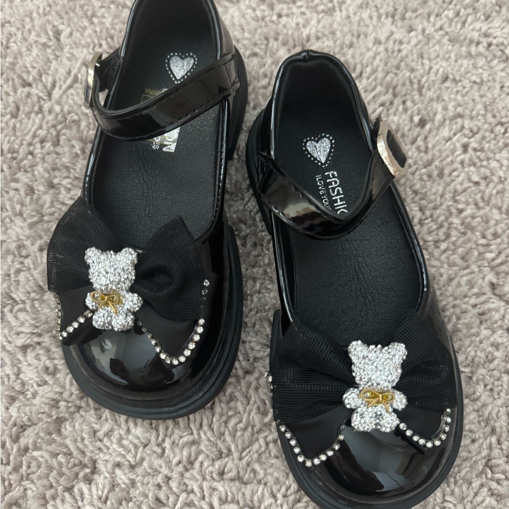 Kids Black Dress Shoes with Bow and Bear Accent